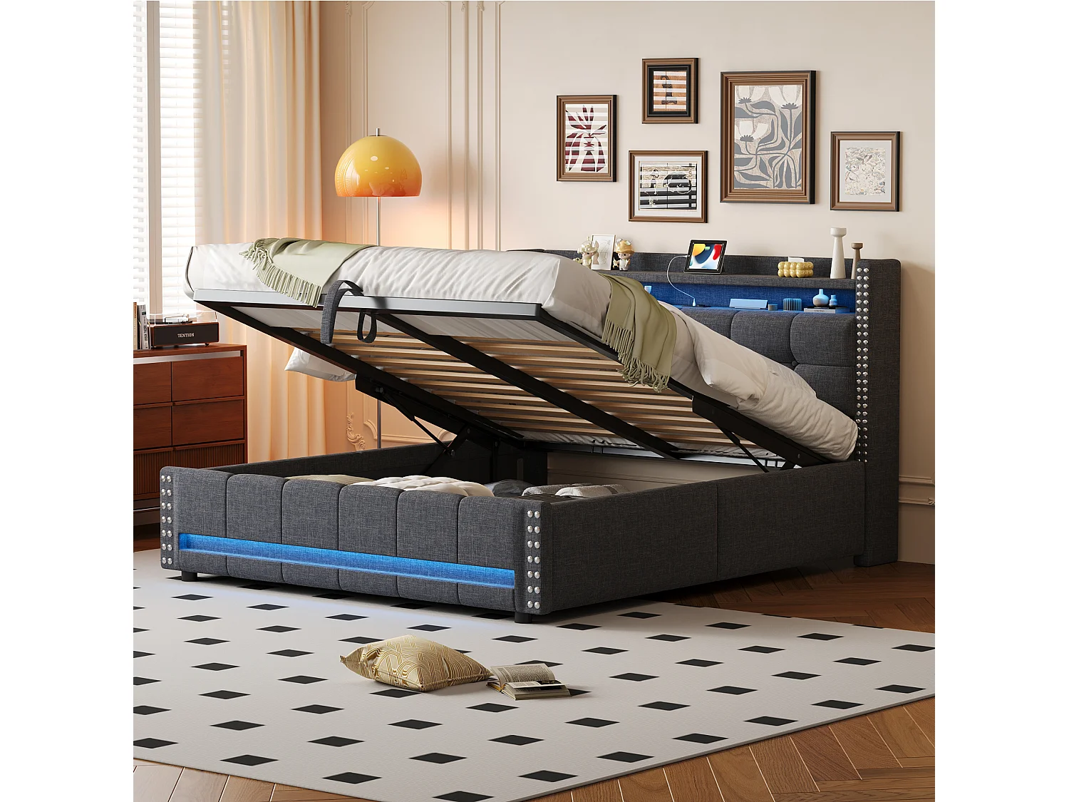 Lit coffre 160 x 200 cm avec tête de lit et étagères - LEDs + prise USB - Tissu en lin - Gris (sans matelas)