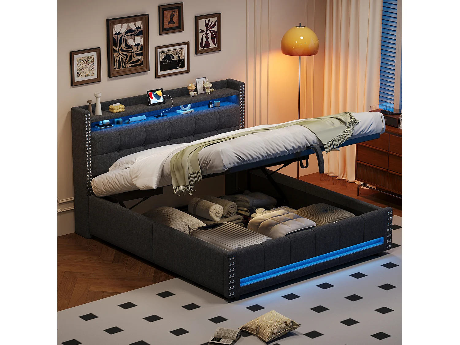 Lit coffre 160 x 200 cm avec tête de lit et étagères - LEDs + prise USB - Tissu en lin - Gris (sans matelas)