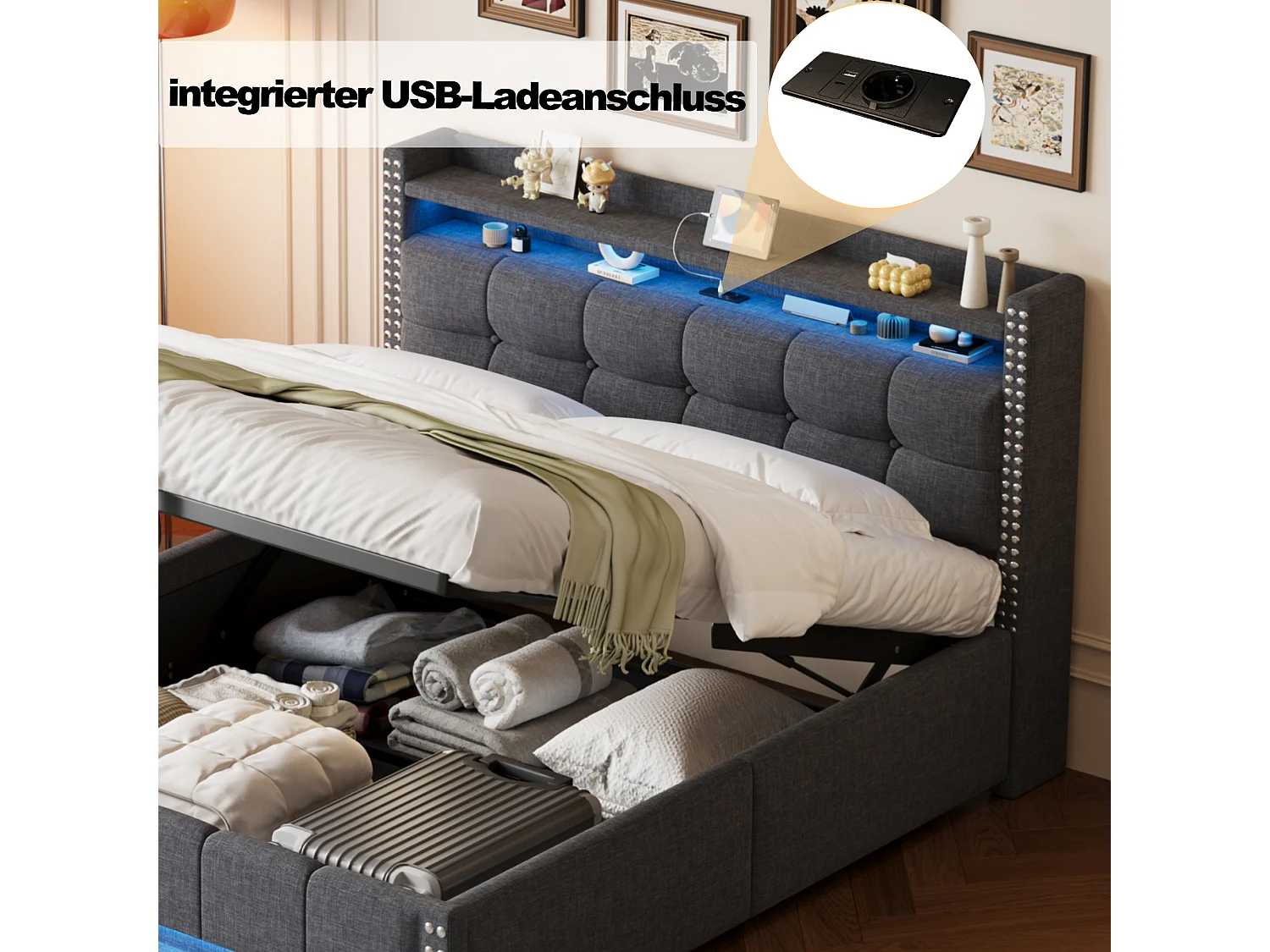 Lit coffre 160 x 200 cm avec tête de lit et étagères - LEDs + prise USB - Tissu en lin - Gris (sans matelas)