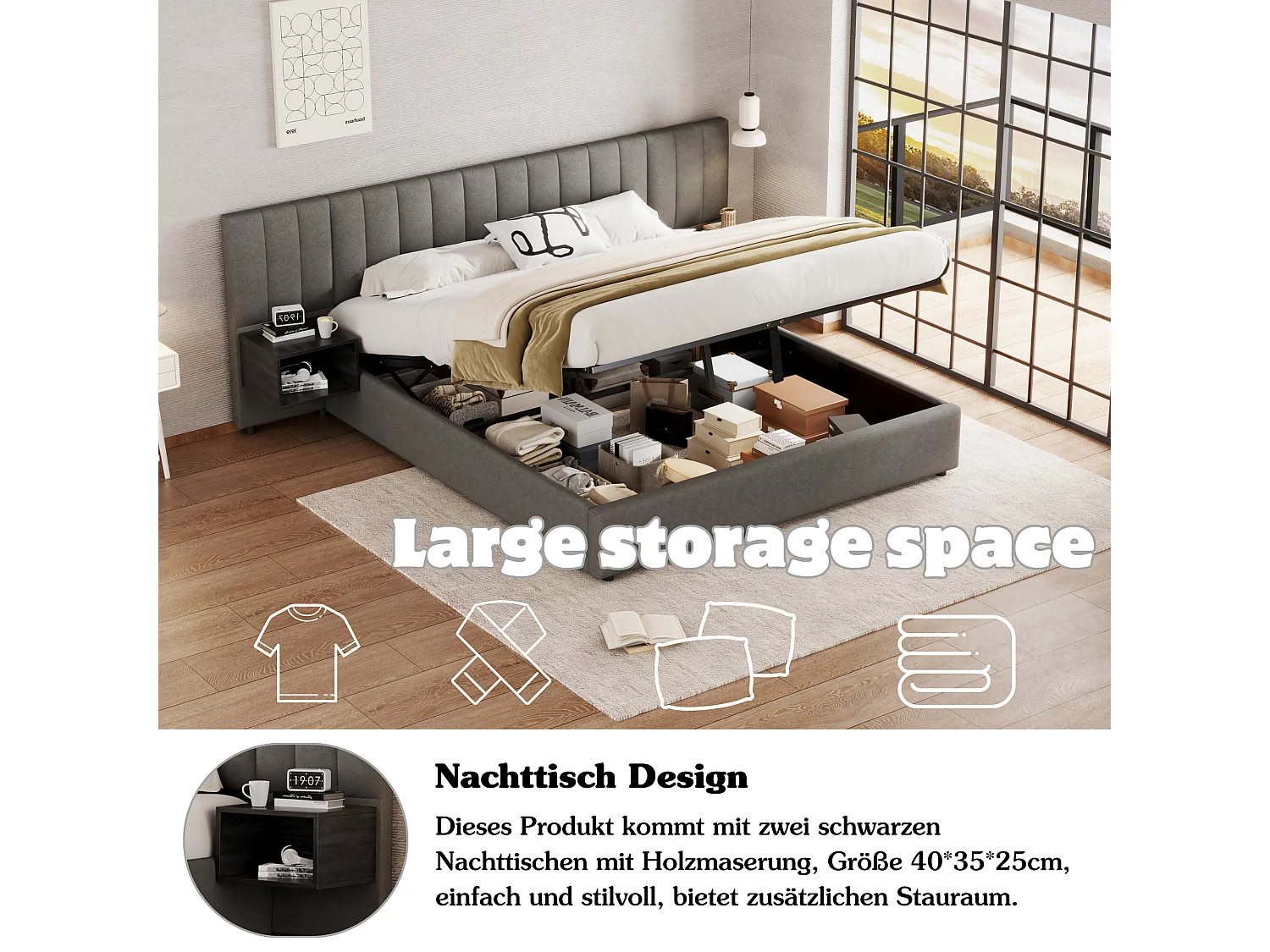 Bettkasten 180 x 200 cm mit großem Kopfteil und 2 Nachttischen – Leinenstoff – Grau + Schwarz (ohne Matratze)