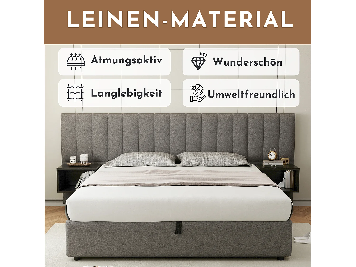 Opbergbed 180 x 200 cm met groot hoofdbord en 2 nachtkastjes - Linnen stof - Grijs + zwart (zonder matras)