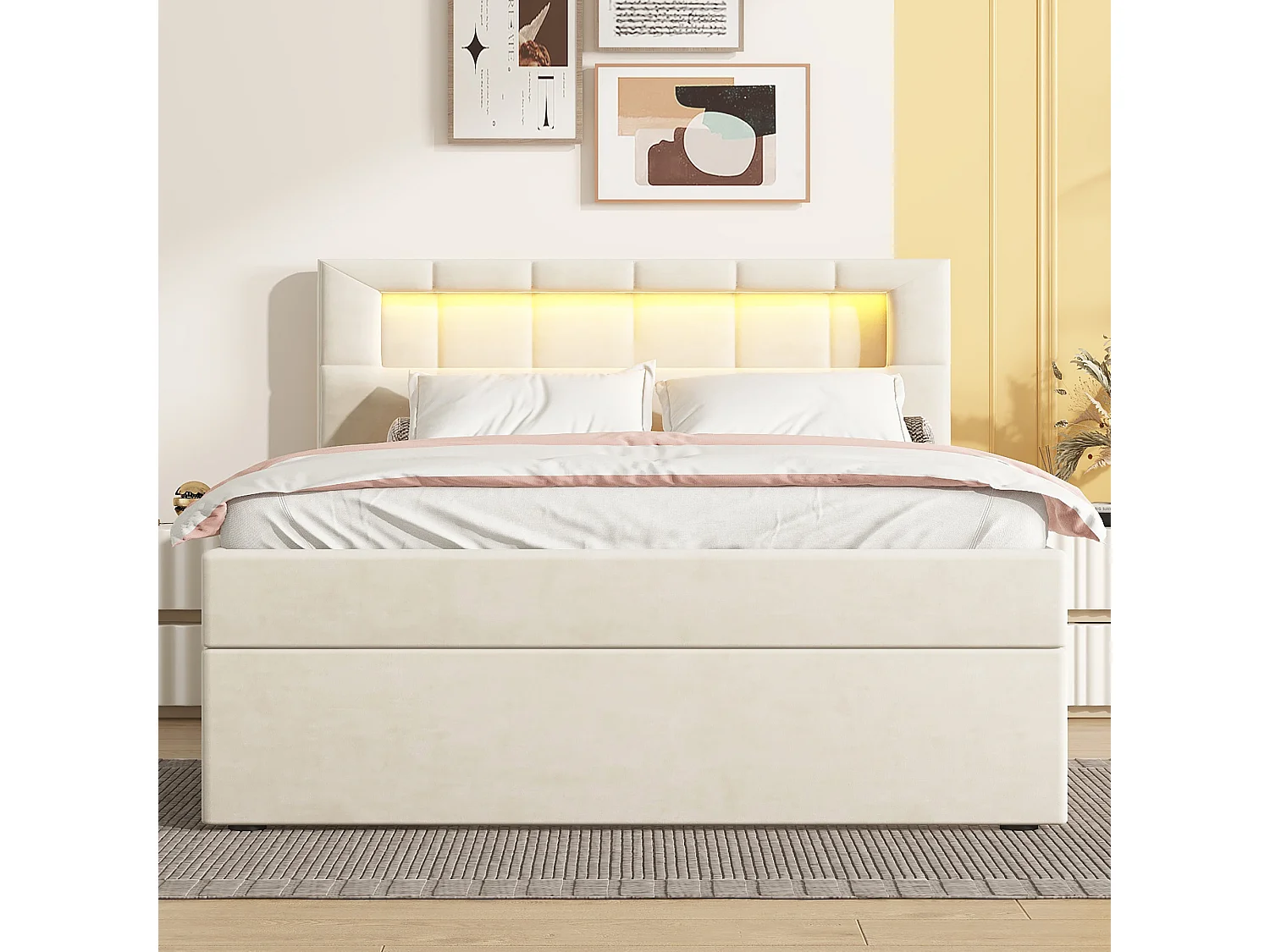 Lit coffre 90 x 200 cm avec tête de lit réglable - LEDs - Velours - Sommier à lattes - Beige (sans matelas)