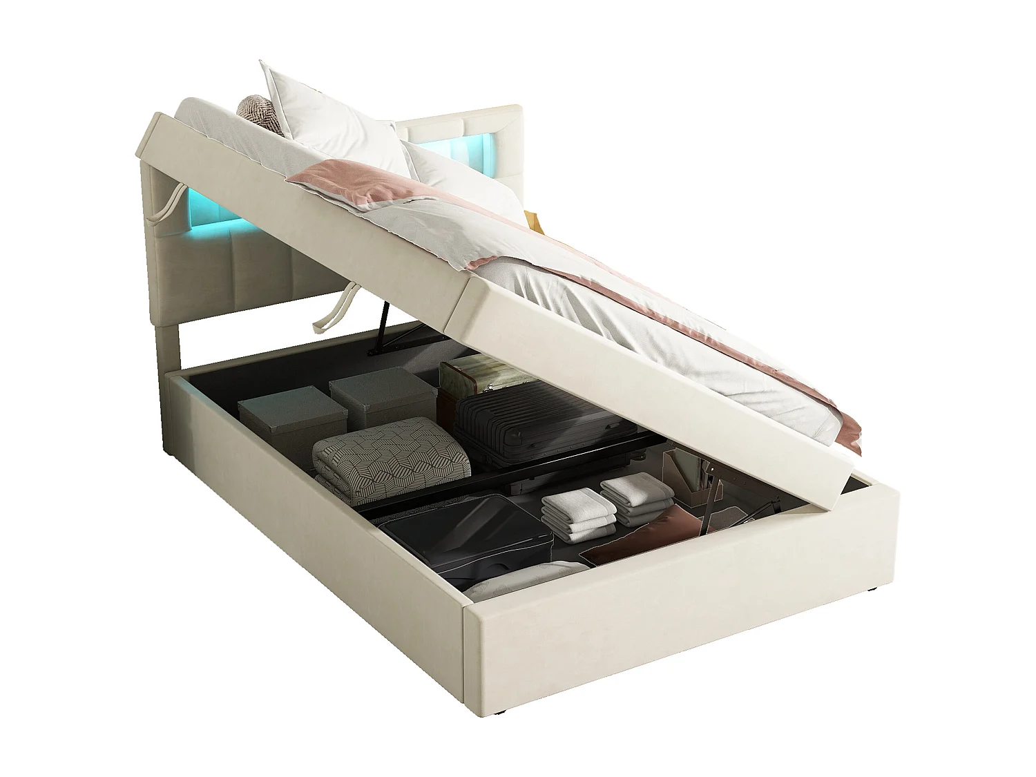 Lit coffre 90 x 200 cm avec tête de lit réglable - LEDs - Velours - Sommier à lattes - Beige (sans matelas)