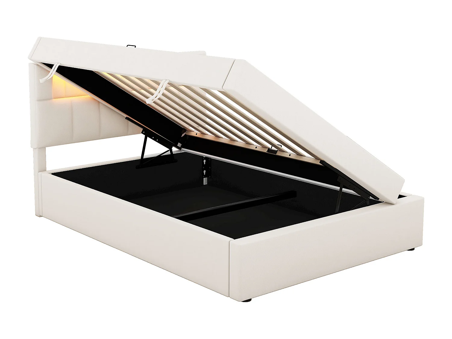 Lit coffre 90 x 200 cm avec tête de lit réglable - LEDs - Velours - Sommier à lattes - Beige (sans matelas)