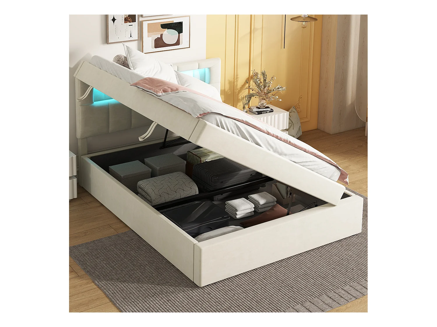 Opbergbed 90 x 200 cm met verstelbaar hoofdeinde - LED's - Fluweel - Lattenbodem - Beige (zonder matras)