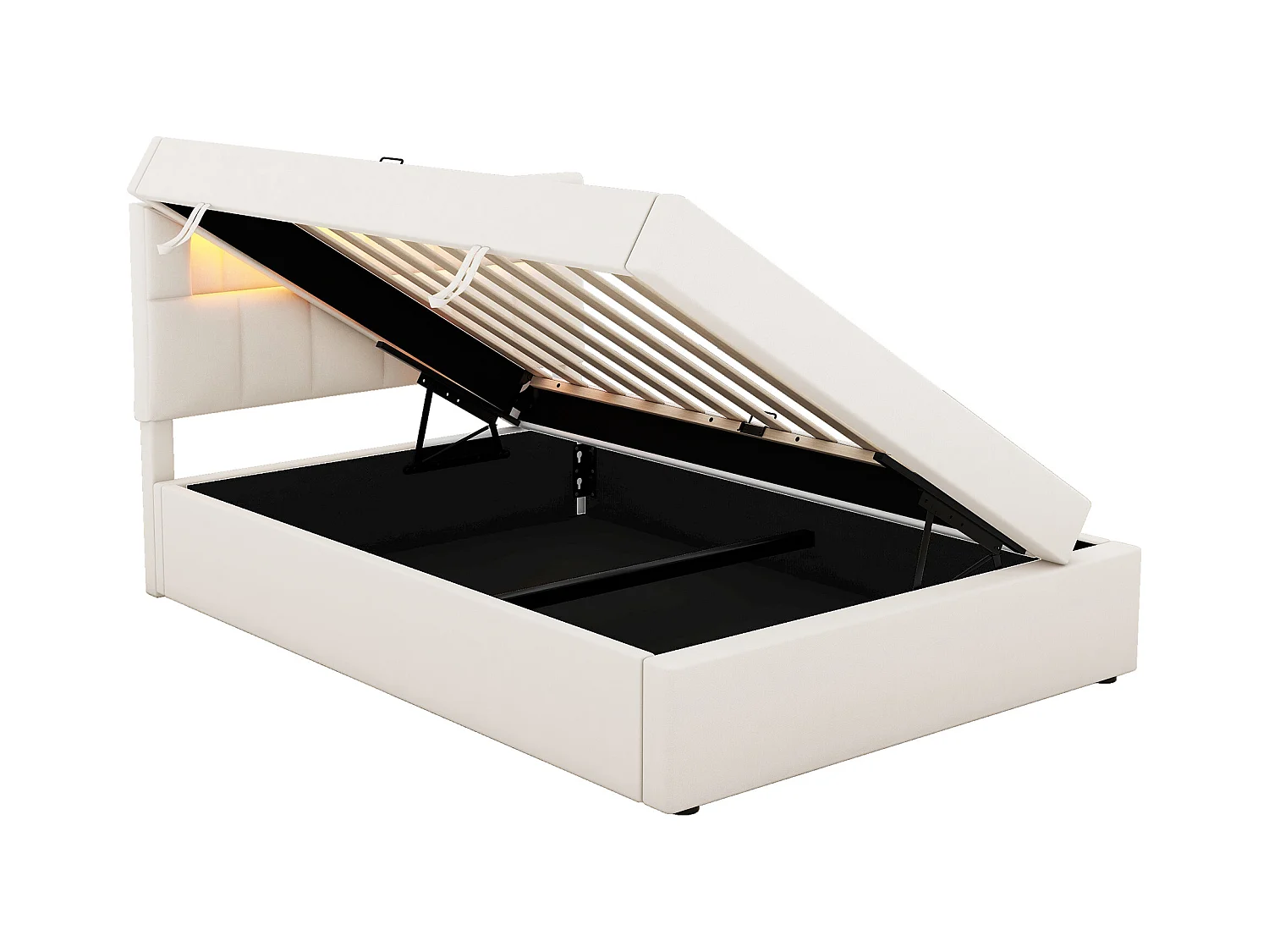 Lit coffre 90 x 200 cm avec tête de lit réglable - LEDs - Velours - Sommier à lattes - Beige (sans matelas)