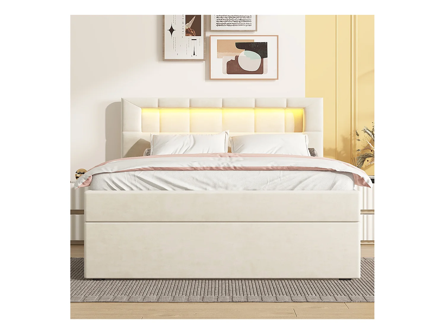 Lit coffre 90 x 200 cm avec tête de lit réglable - LEDs - Velours - Sommier à lattes - Beige (sans matelas)