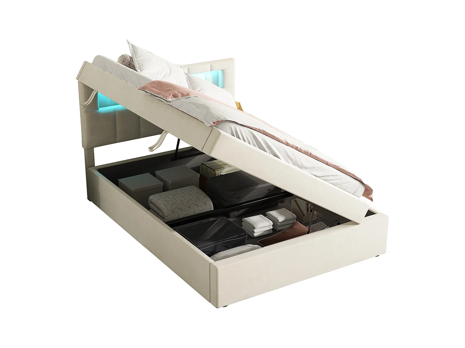 Lit coffre 90 x 200 cm avec tête de lit réglable - LEDs - Velours - Sommier à lattes - Beige (sans matelas)