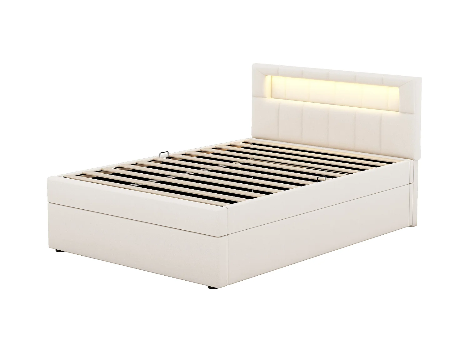 Lit coffre 90 x 200 cm avec tête de lit réglable - LEDs - Velours - Sommier à lattes - Beige (sans matelas)