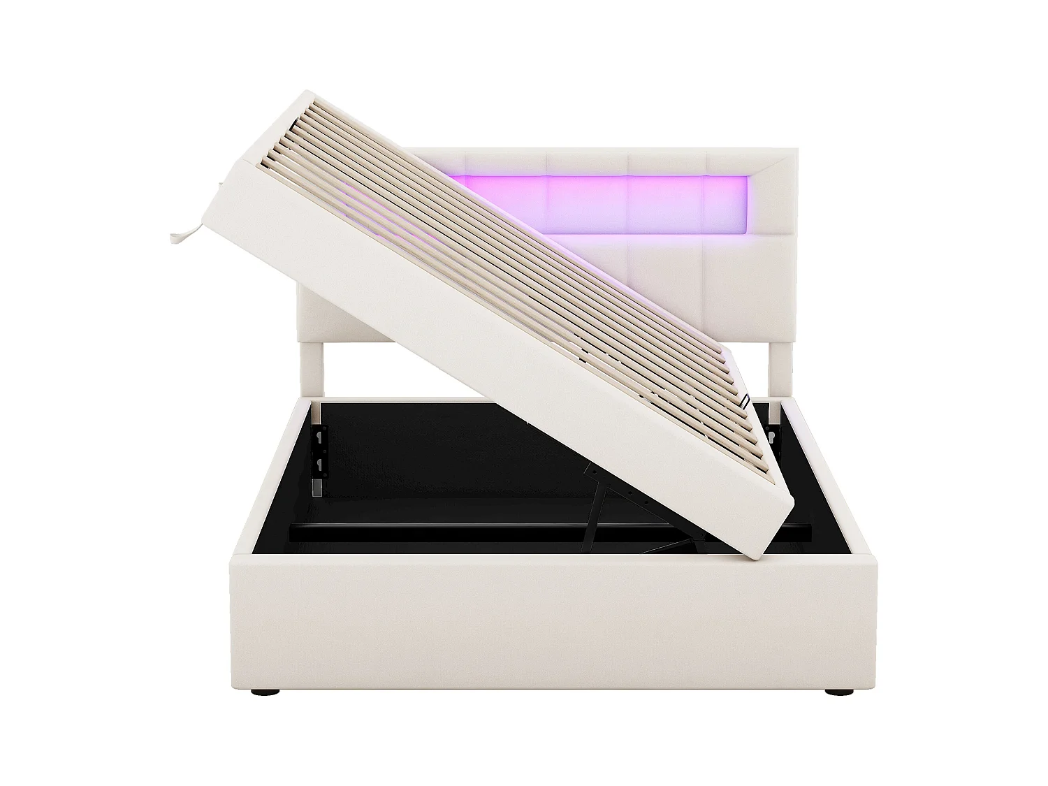 Lit coffre 90 x 200 cm avec tête de lit réglable - LEDs - Velours - Sommier à lattes - Beige (sans matelas)