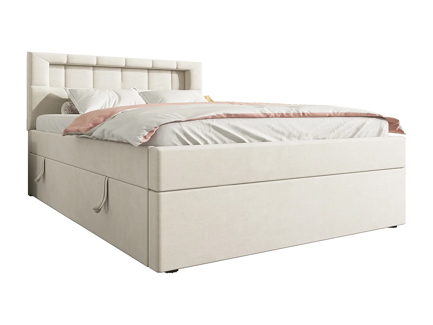 Cama arrumação 90 x 200 cm com cabeceira regulável - LEDs - Veludo - Base de ripas - Bege (sem colchão)