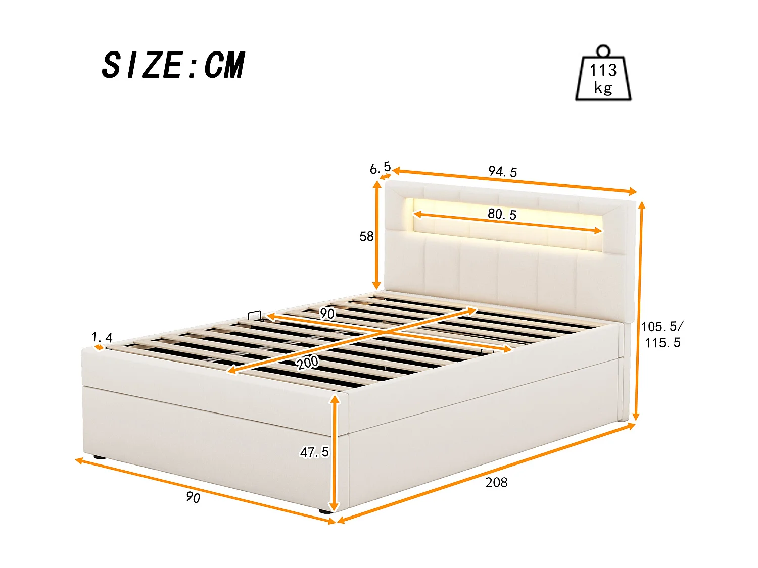 Cama arrumação 90 x 200 cm com cabeceira regulável - LEDs - Veludo - Base de ripas - Bege (sem colchão)