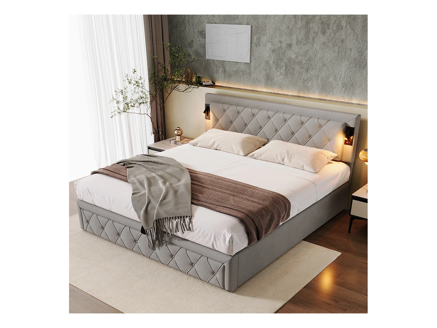 Opbergbed 180 x 200 cm hoofdeinde - LED's en USB-aansluitingen - Linnenstof - Ruitstreeppatroon - Grijs (zonder matras)