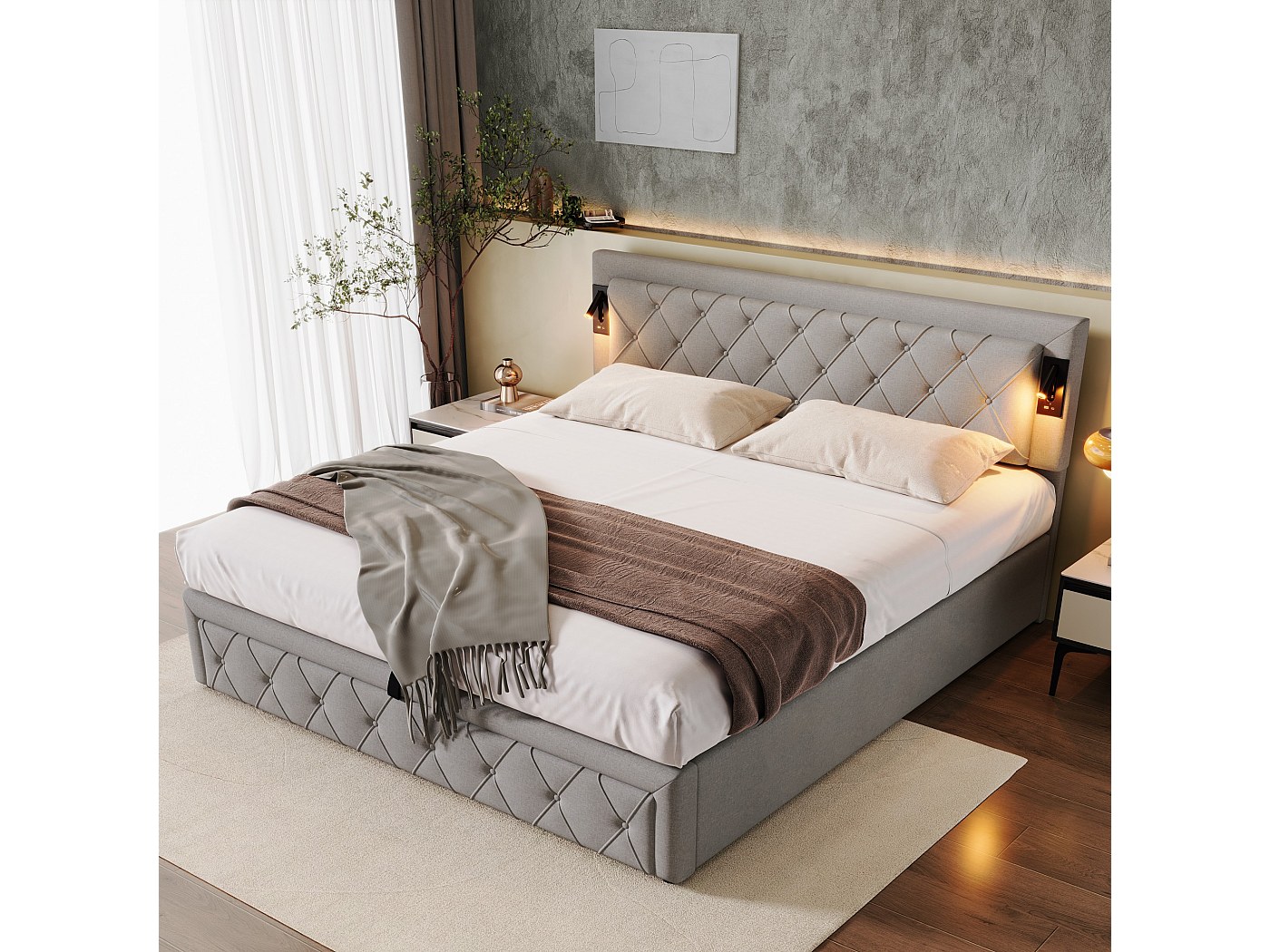 Letto contenitore testiera 180 x 200 cm - LED e prese USB - Tessuto ...