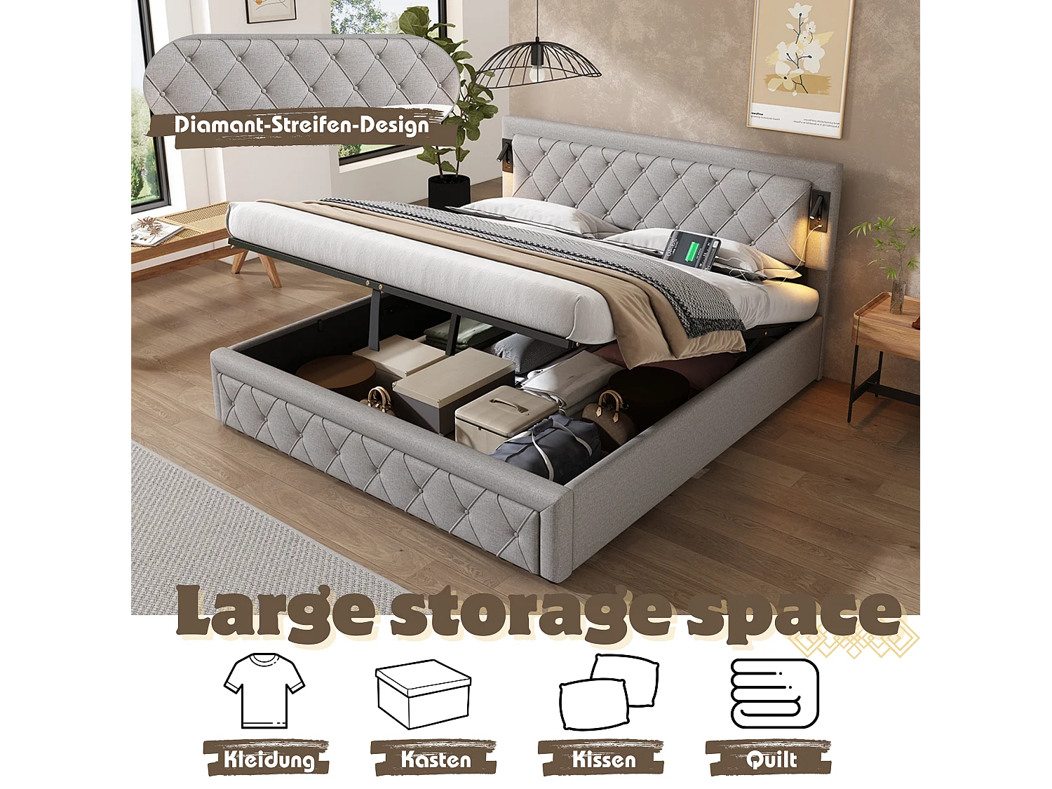 Łóżko ze schowkiem 180 x 200 cm z zagłówkiem - diody LED i porty USB - tkanina lniana - wzór w paski diamentowe - szare (bez materaca)