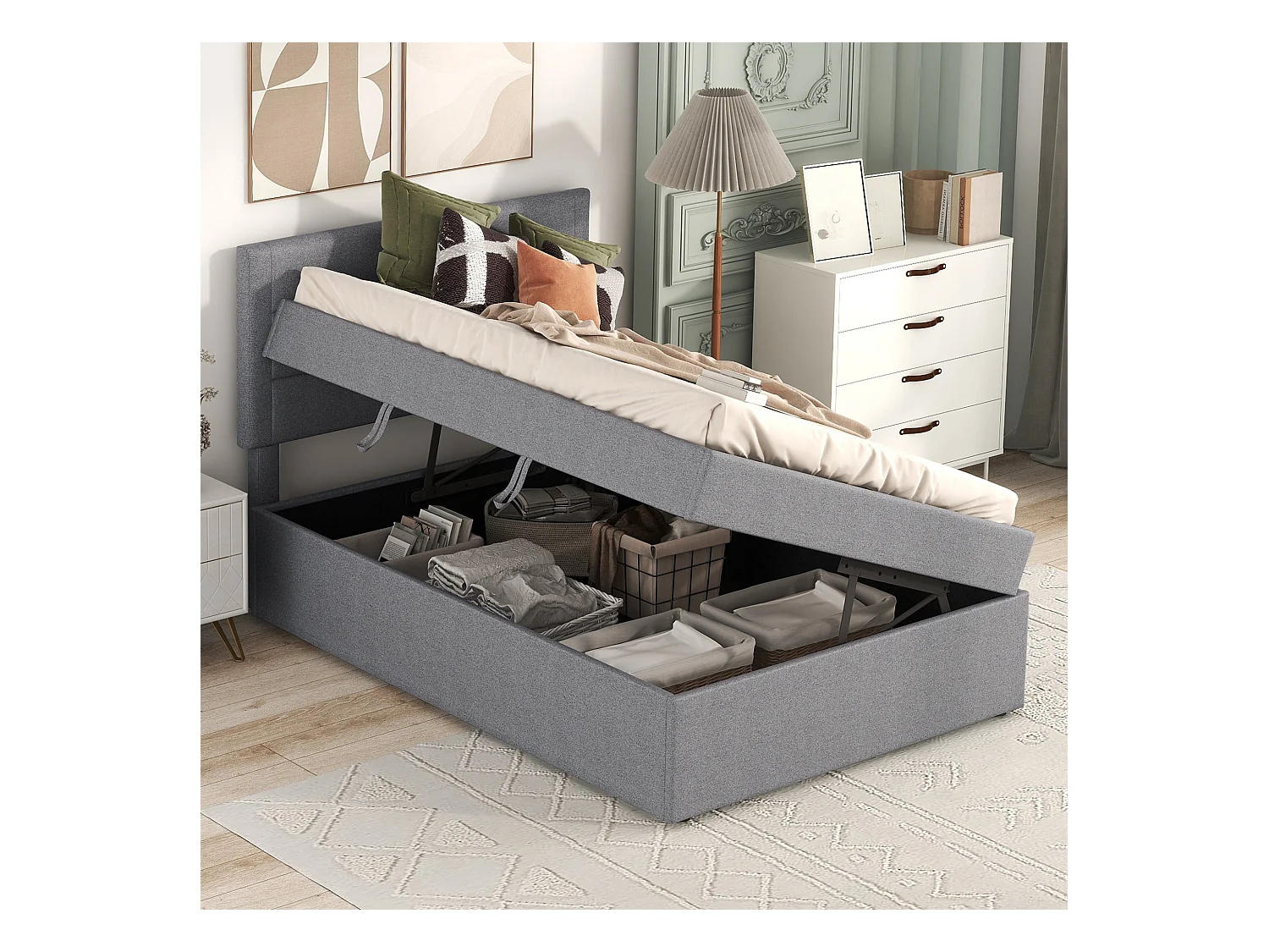 Lit coffre 90 x 200 cm avec tête de lit - Tissu en lin - Ouverture latérale - Sommier à lattes - Gris (sans matelas)
