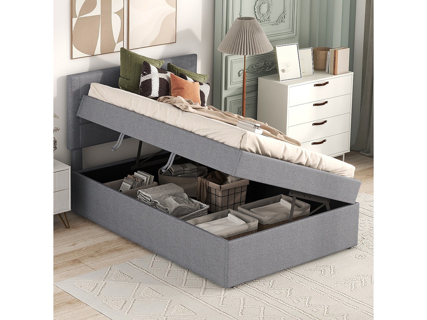 Lit coffre 90 x 200 cm avec tête de lit - Tissu en lin - Ouverture ...