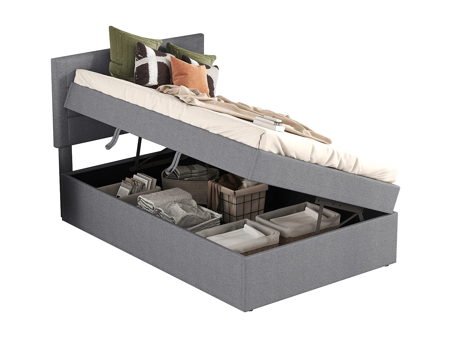 Lit coffre 90 x 200 cm avec tête de lit - Tissu en lin - Ouverture latérale - Sommier à lattes - Gris (sans matelas)