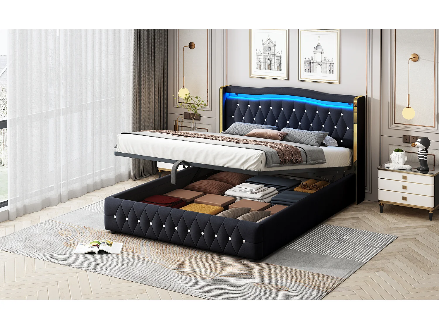 Lit coffre 160 x 200 cm tête de lit - LEDs - Velours - Décor avec losanges - Noir (sans matelas)