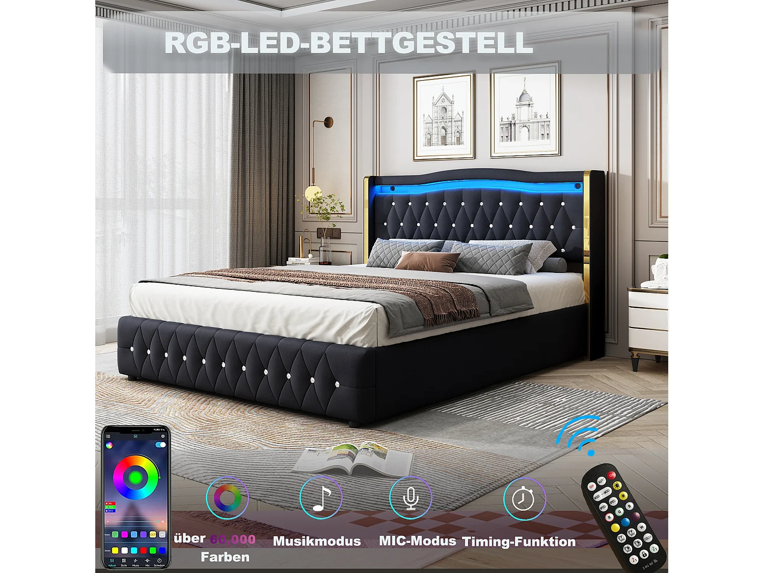Lit coffre 160 x 200 cm tête de lit - LEDs - Velours - Décor avec losanges - Noir (sans matelas)