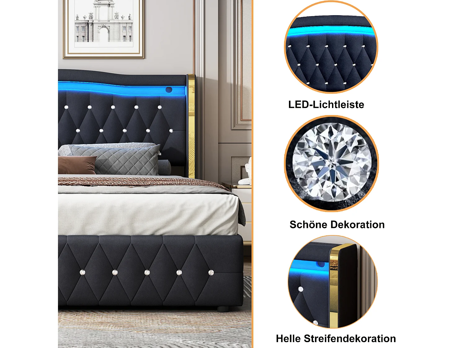 Lit coffre 160 x 200 cm tête de lit - LEDs - Velours - Décor avec losanges - Noir (sans matelas)