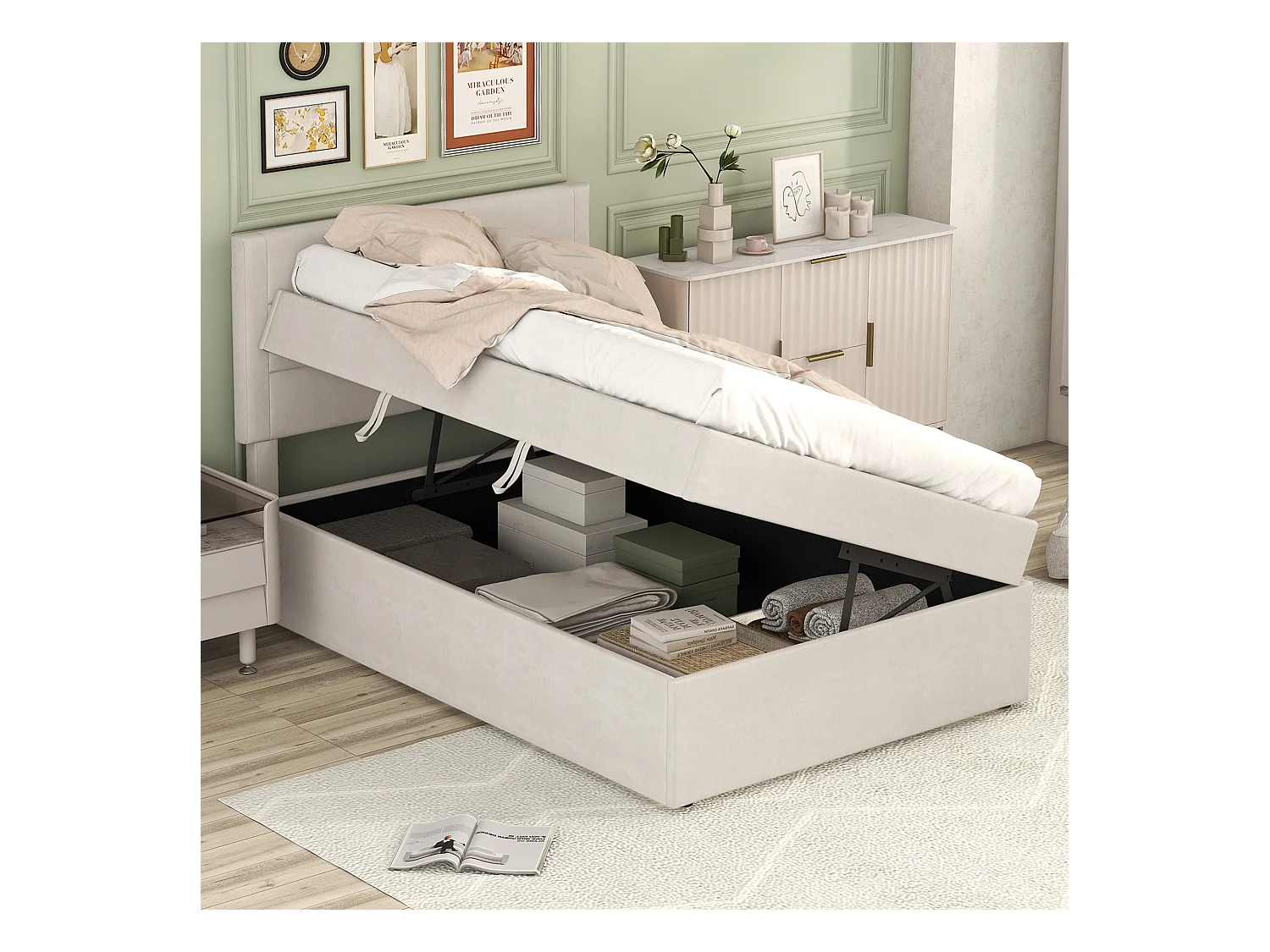 Lit coffre 90 x 200 cm avec tête de lit - Tissu en lin - Ouverture latérale - Sommier à lattes - Beige (sans matelas)