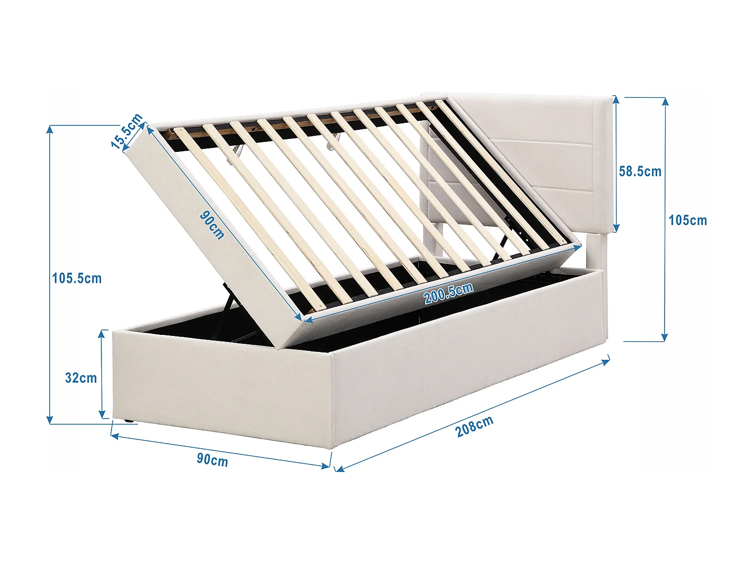 Lit coffre 90 x 200 cm avec tête de lit - Tissu en lin - Ouverture latérale - Sommier à lattes - Beige (sans matelas)