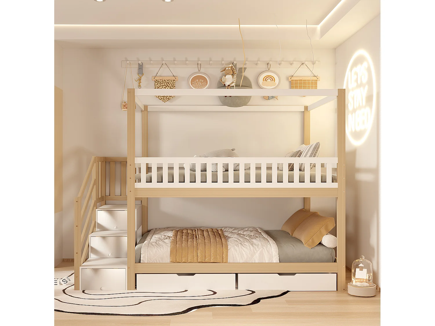 Stapelbedden 2 x 90 x 200 cm met 5 lades en barrières - Grenen + multiplex + MDF - Wit en hout (zonder matras)