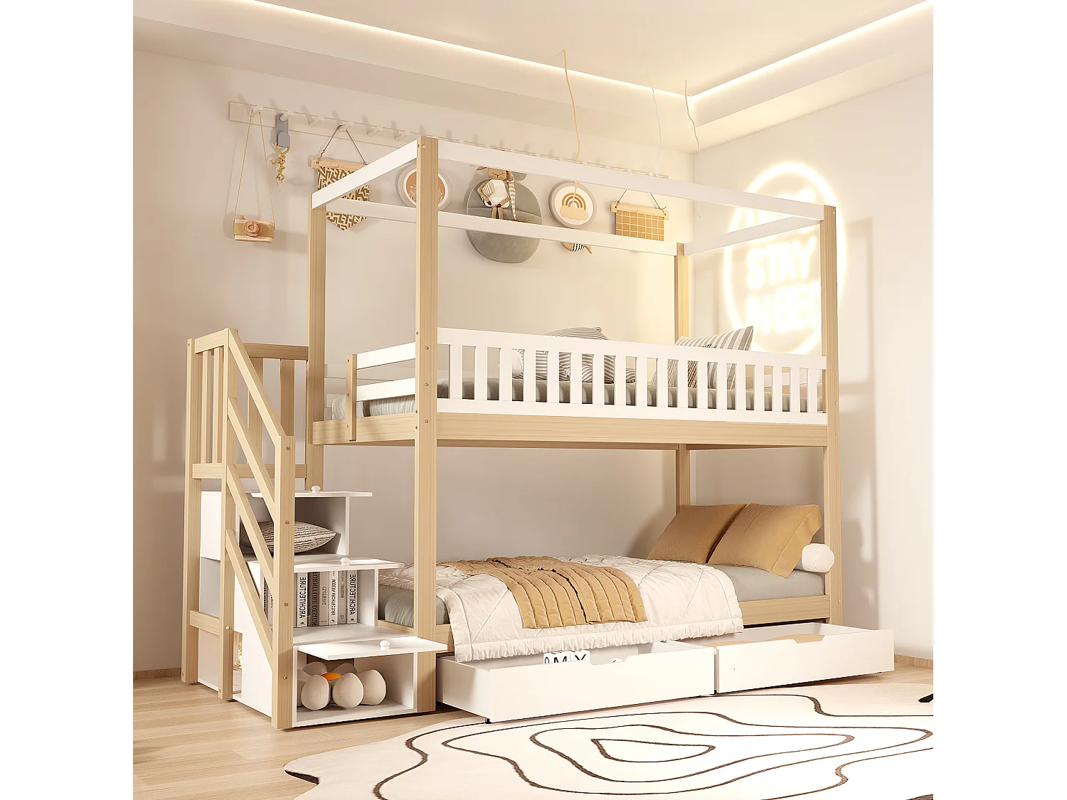 Stapelbedden 2 x 90 x 200 cm met 5 lades en barrières - Grenen + multiplex + MDF - Wit en hout (zonder matras)