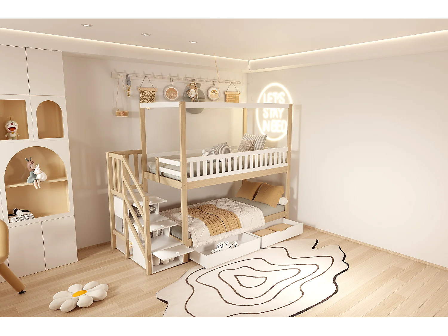 Stapelbedden 2 x 90 x 200 cm met 5 lades en barrières - Grenen + multiplex + MDF - Wit en hout (zonder matras)