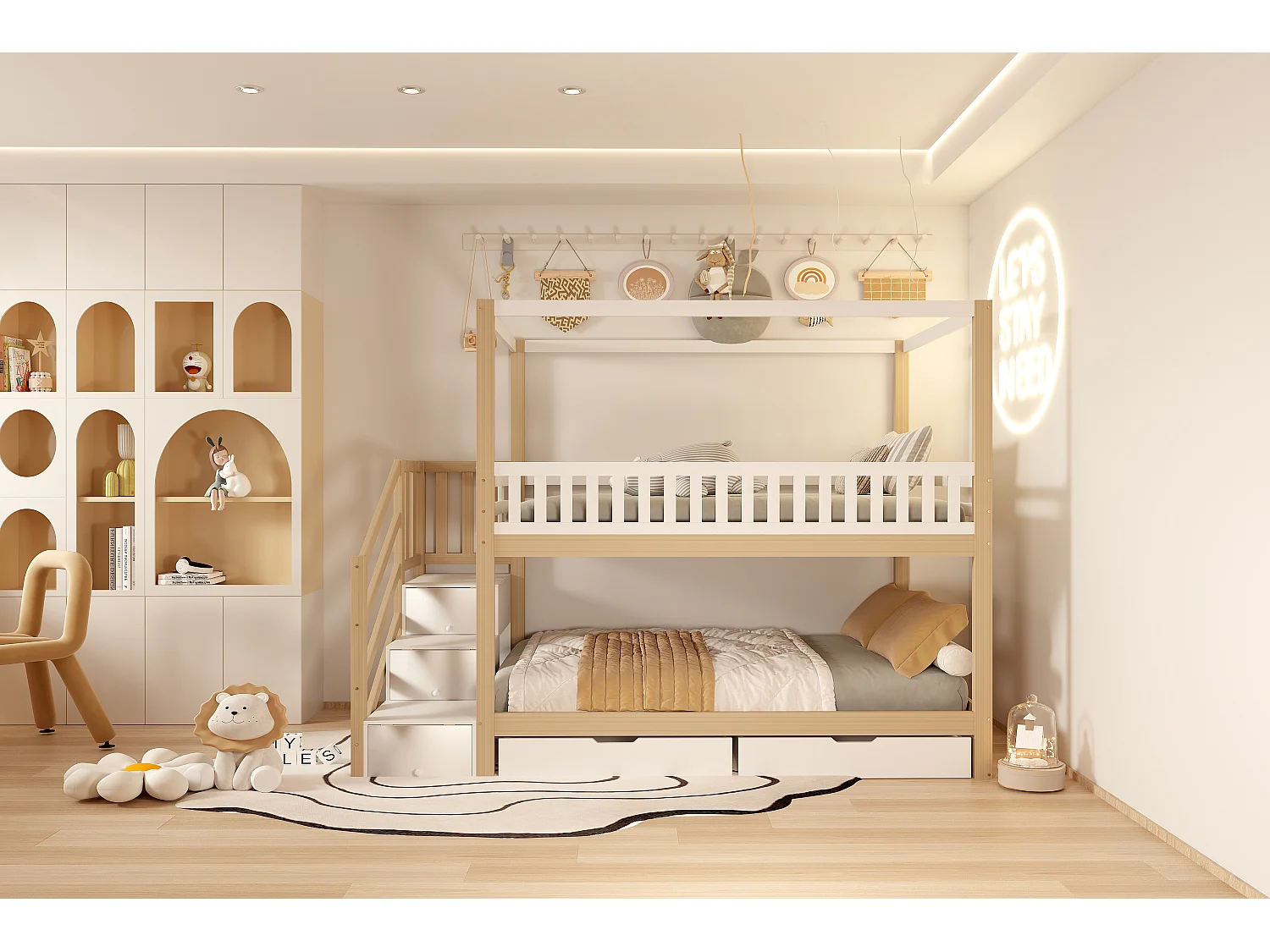 Stapelbedden 2 x 90 x 200 cm met 5 lades en barrières - Grenen + multiplex + MDF - Wit en hout (zonder matras)