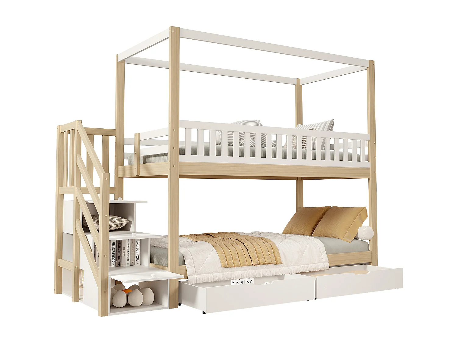 Stapelbedden 2 x 90 x 200 cm met 5 lades en barrières - Grenen + multiplex + MDF - Wit en hout (zonder matras)