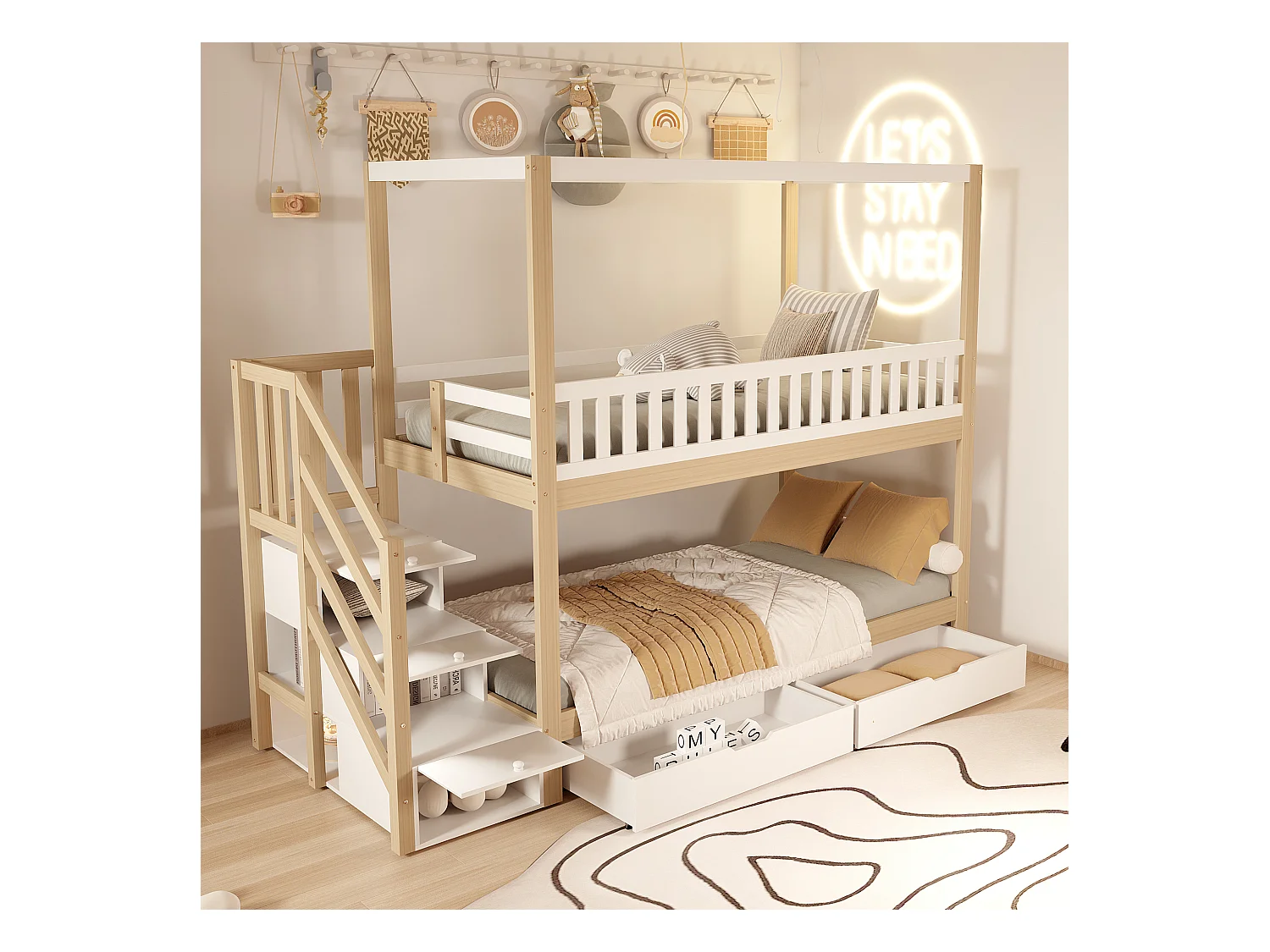 Lits superposés 2 x 90 x 200 cm avec 5 tiroirs et barrières - Pin + contreplaqué + MDF - Blanc et bois (sans matelas)