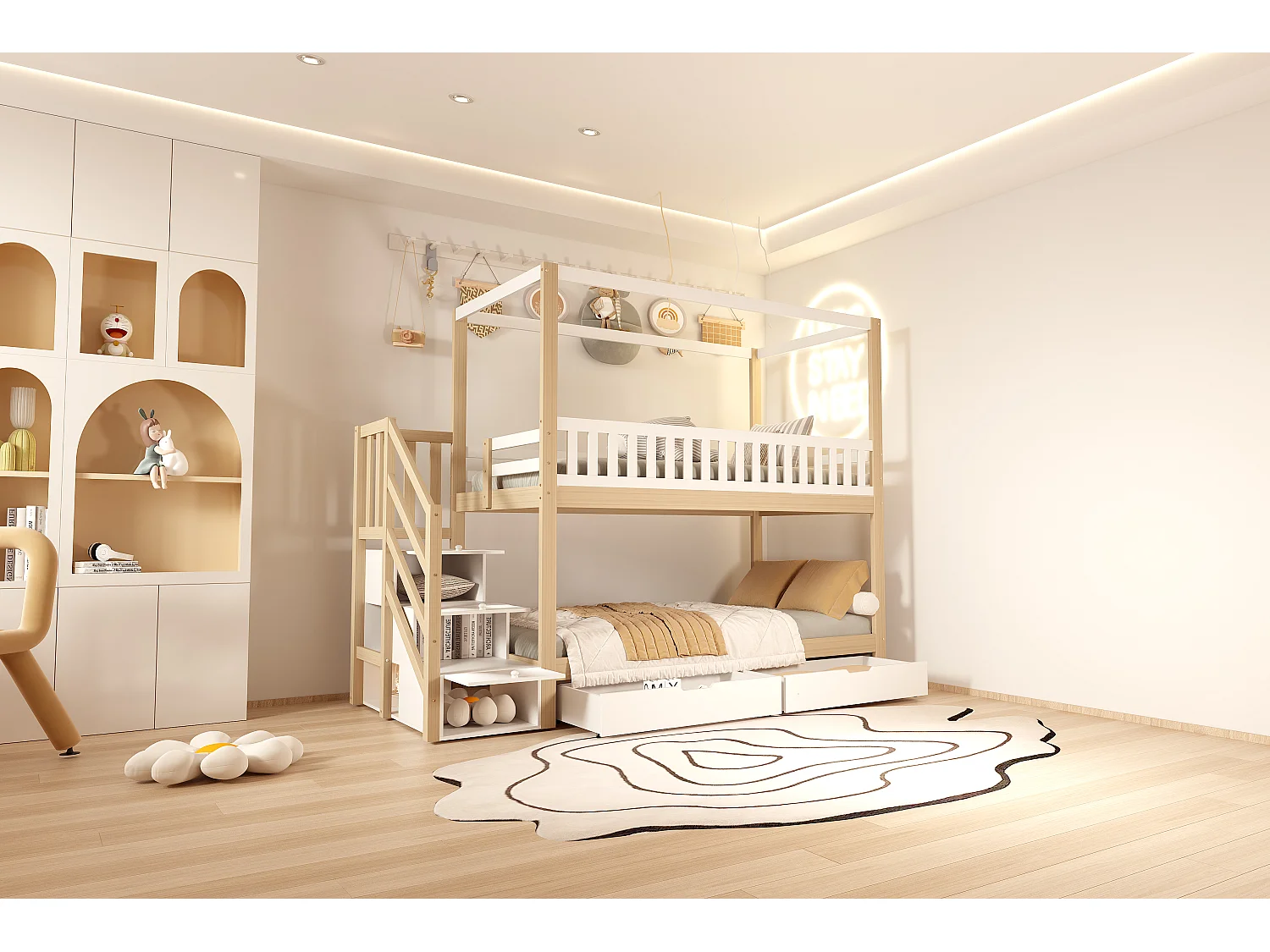 Lits superposés 2 x 90 x 200 cm avec 5 tiroirs et barrières - Pin + contreplaqué + MDF - Blanc et bois (sans matelas)