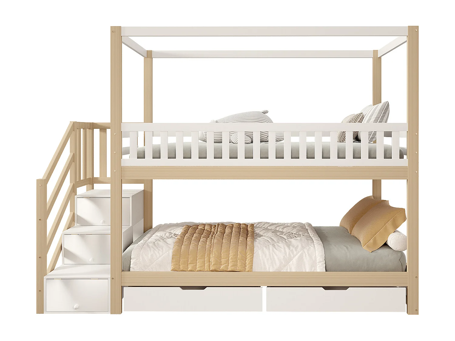 Lits superposés 2 x 90 x 200 cm avec 5 tiroirs et barrières - Pin + contreplaqué + MDF - Blanc et bois (sans matelas)