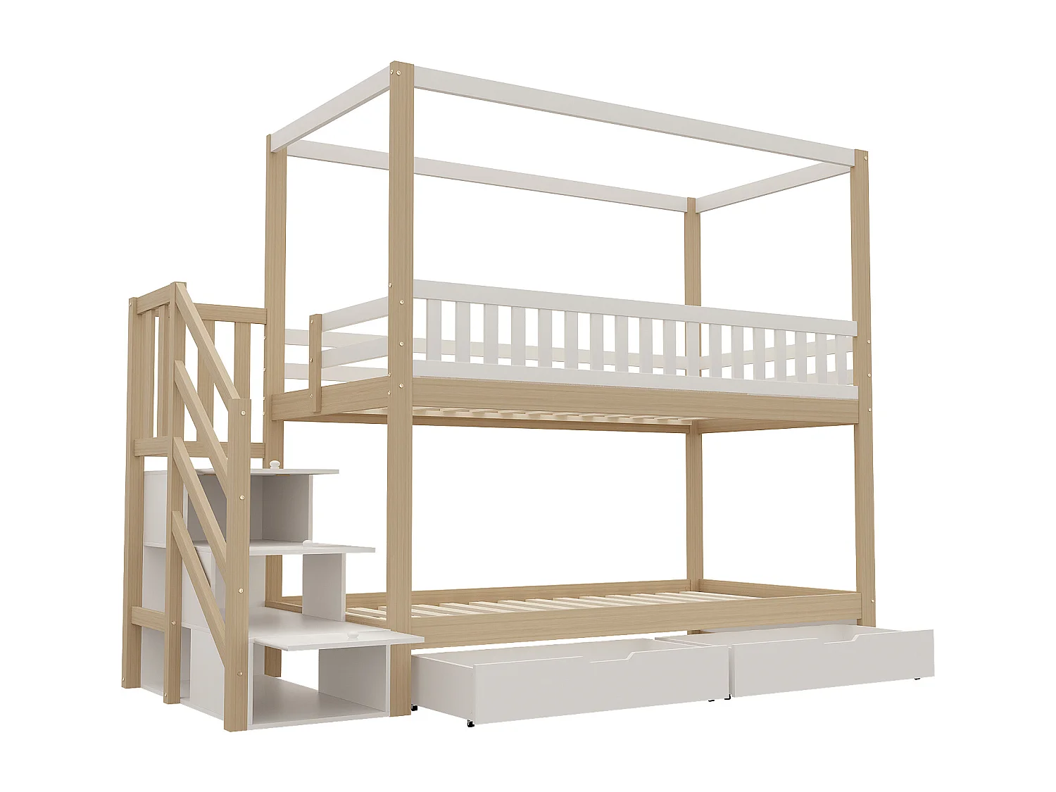 Lits superposés 2 x 90 x 200 cm avec 5 tiroirs et barrières - Pin + contreplaqué + MDF - Blanc et bois (sans matelas)