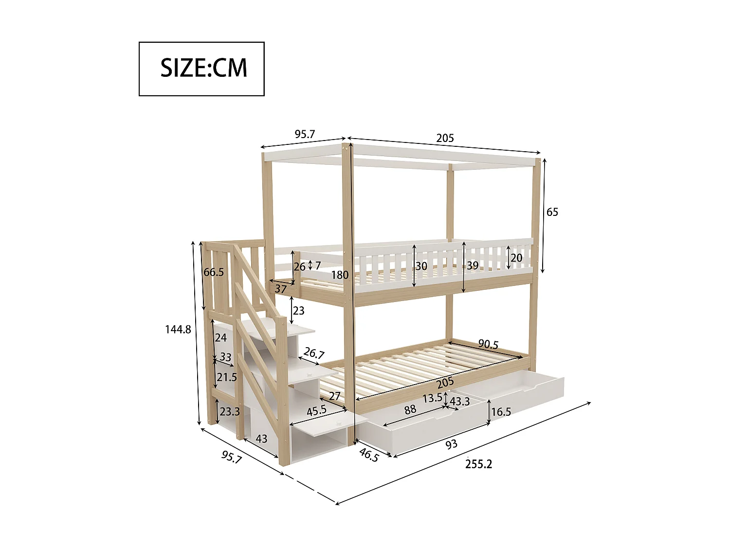 Lits superposés 2 x 90 x 200 cm avec 5 tiroirs et barrières - Pin + contreplaqué + MDF - Blanc et bois (sans matelas)
