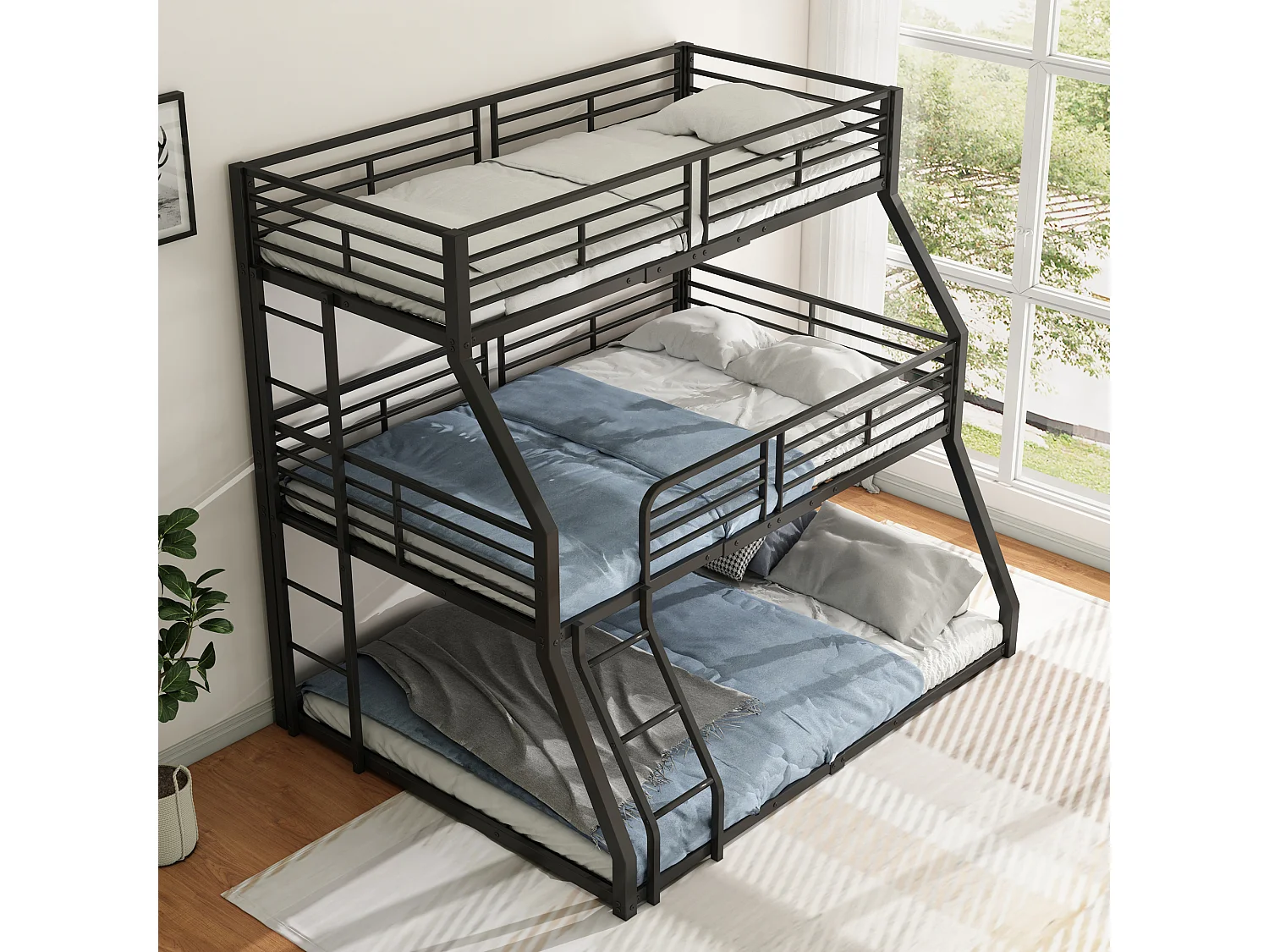 3-persoonsstapelbedden 90/120/140 x 200 cm met 2 ladders - Metaal - Lattenbodem - Zwart (zonder matras)