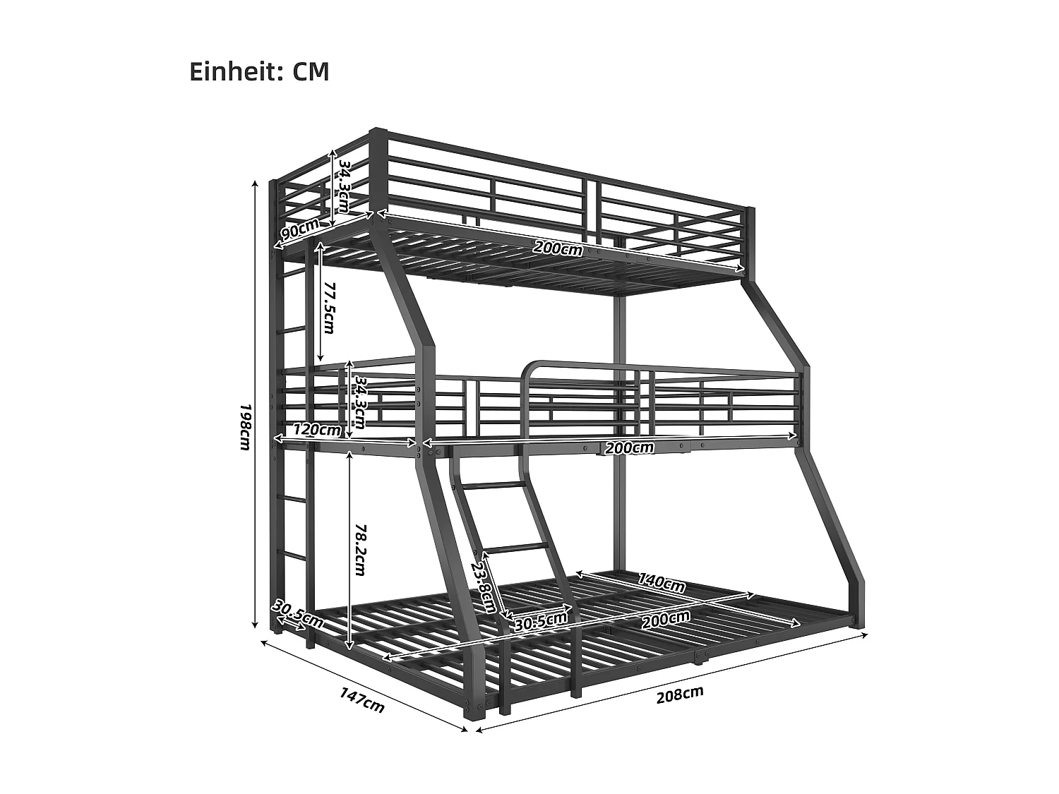 3-persoonsstapelbedden 90/120/140 x 200 cm met 2 ladders - Metaal - Lattenbodem - Zwart (zonder matras)