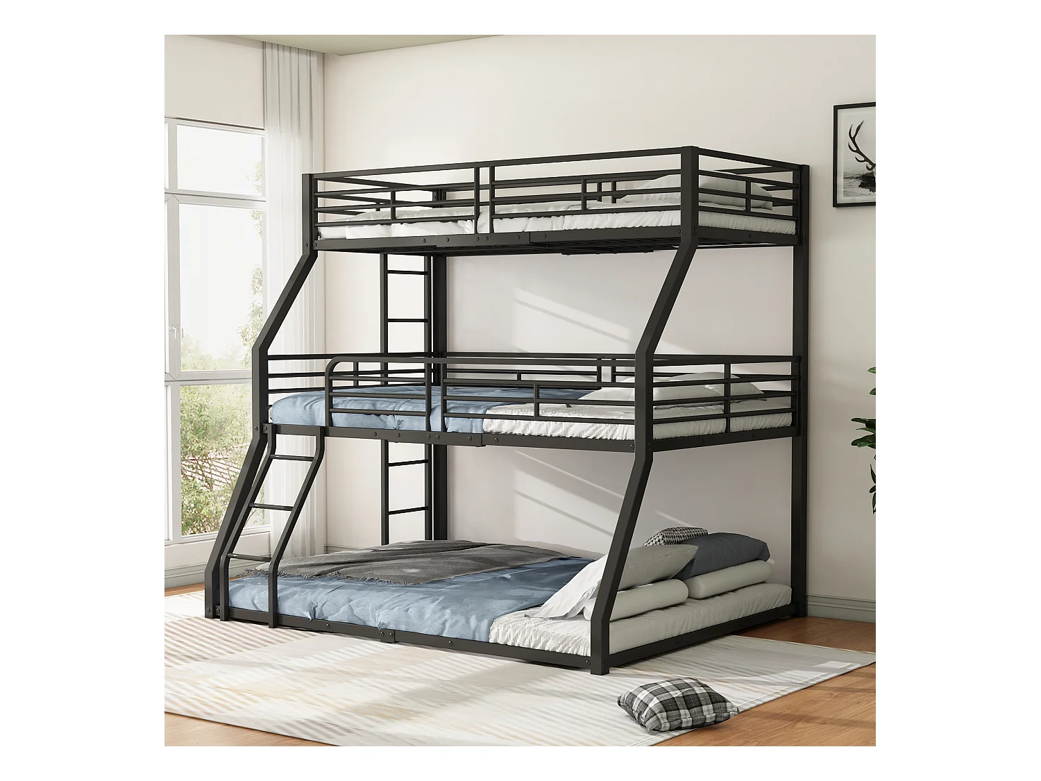 Dreifach-Etagenbett 90/120/140 x 200 cm mit 2 Leitern – Metall – Lattenrost – Schwarz (ohne Matratze)
