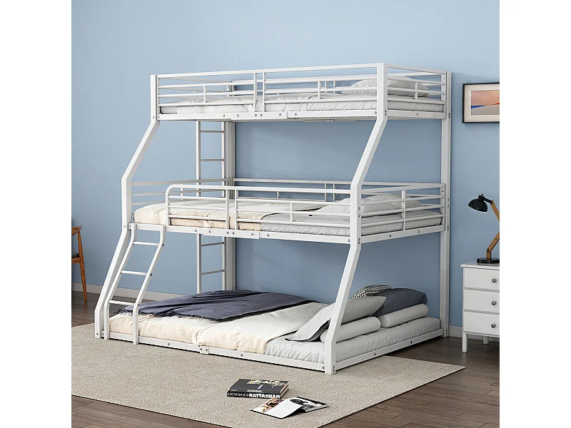 Dreifach-Etagenbett 90/120/140 x 200 cm mit 2 Leitern – Metall – Lattenrost – Weiß (ohne Matratze)