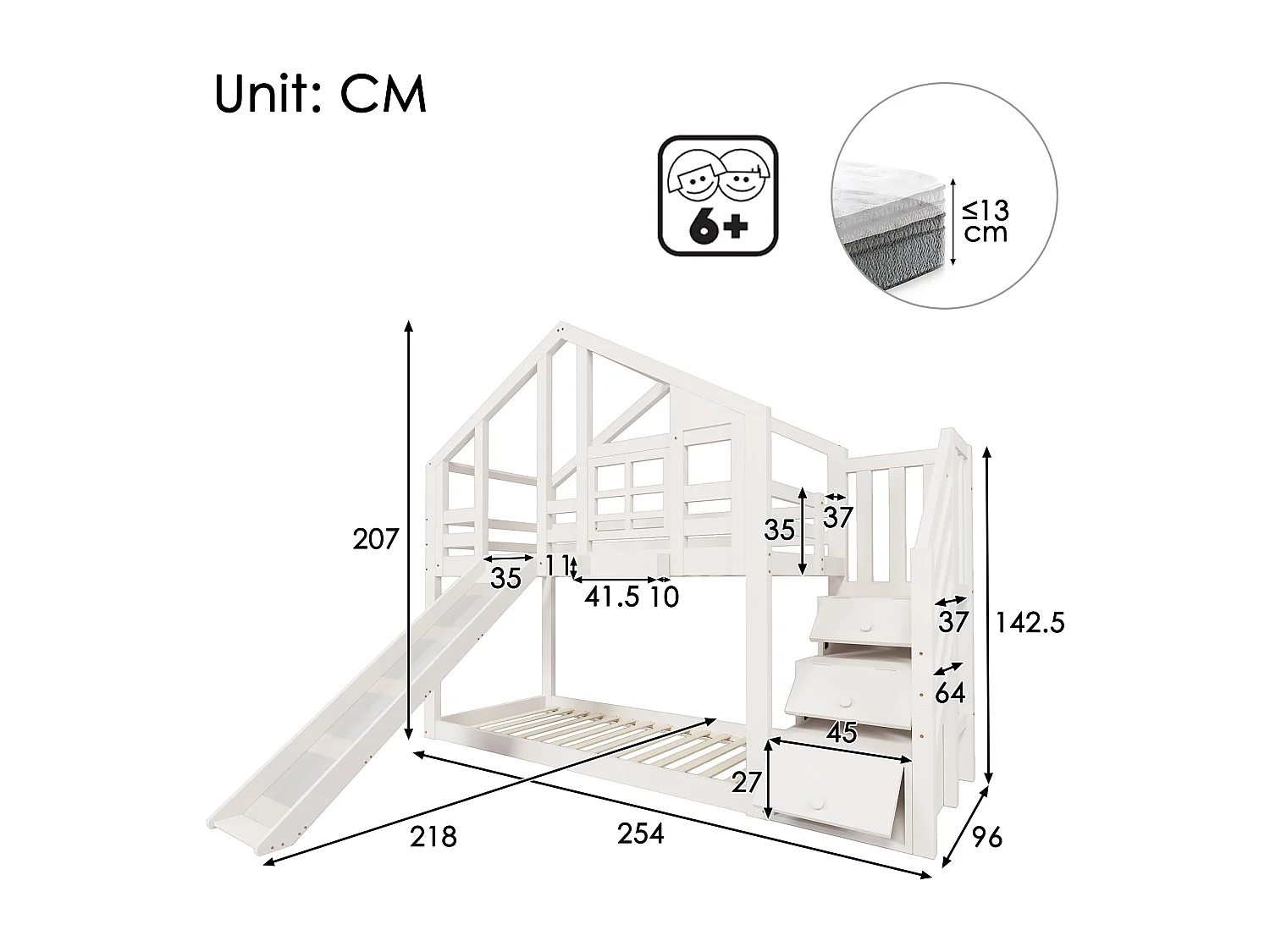 Etagenbett 2 x 90 x 200 cm mit 3 Schubladen, Rutsche und Dach – Massivholz + MDF – 2 x Lattenrost – Weiß (ohne Matratze)