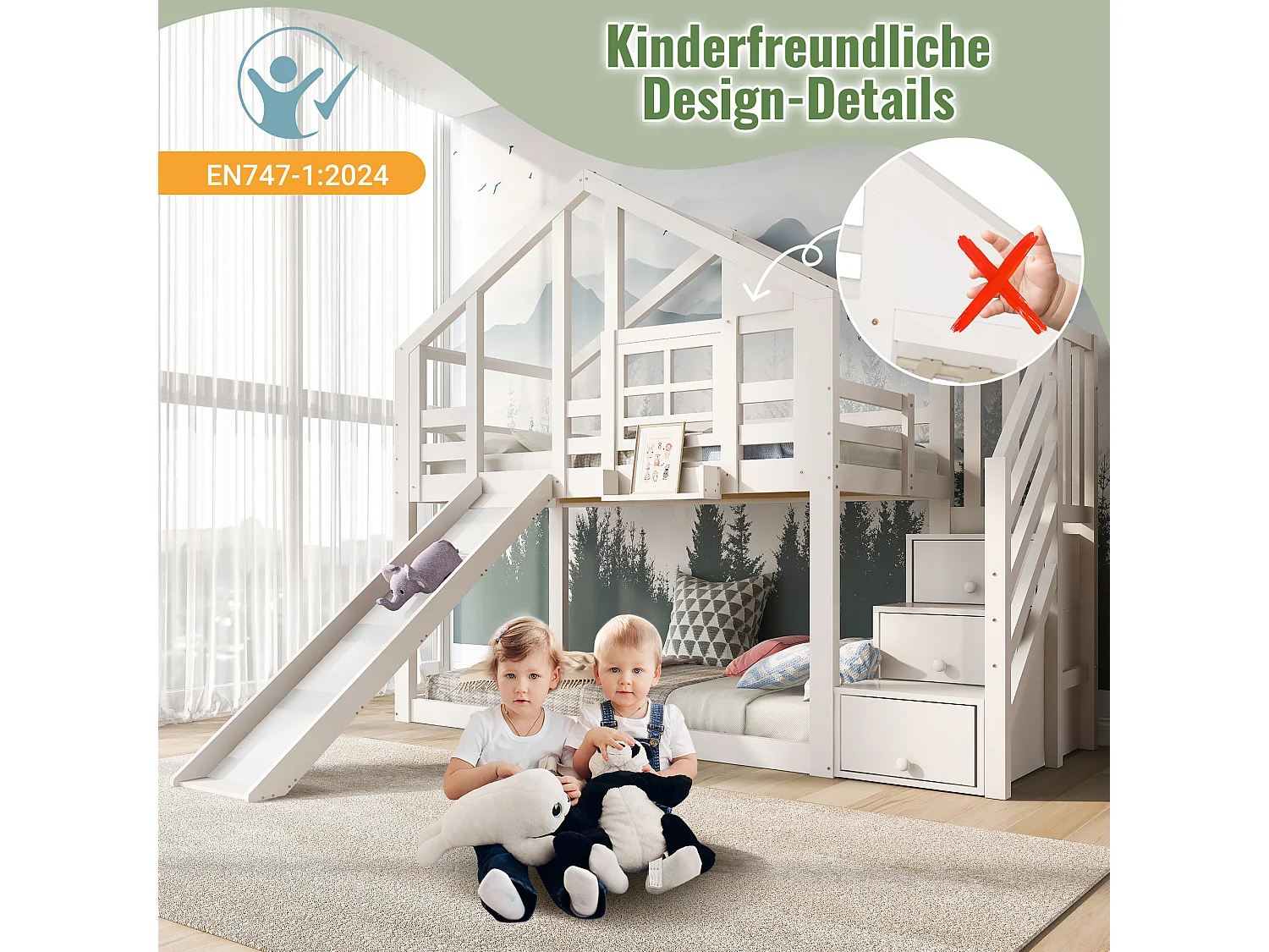 Etagenbett 2 x 90 x 200 cm mit 3 Schubladen, Rutsche und Dach – Massivholz + MDF – 2 x Lattenrost – Weiß (ohne Matratze)