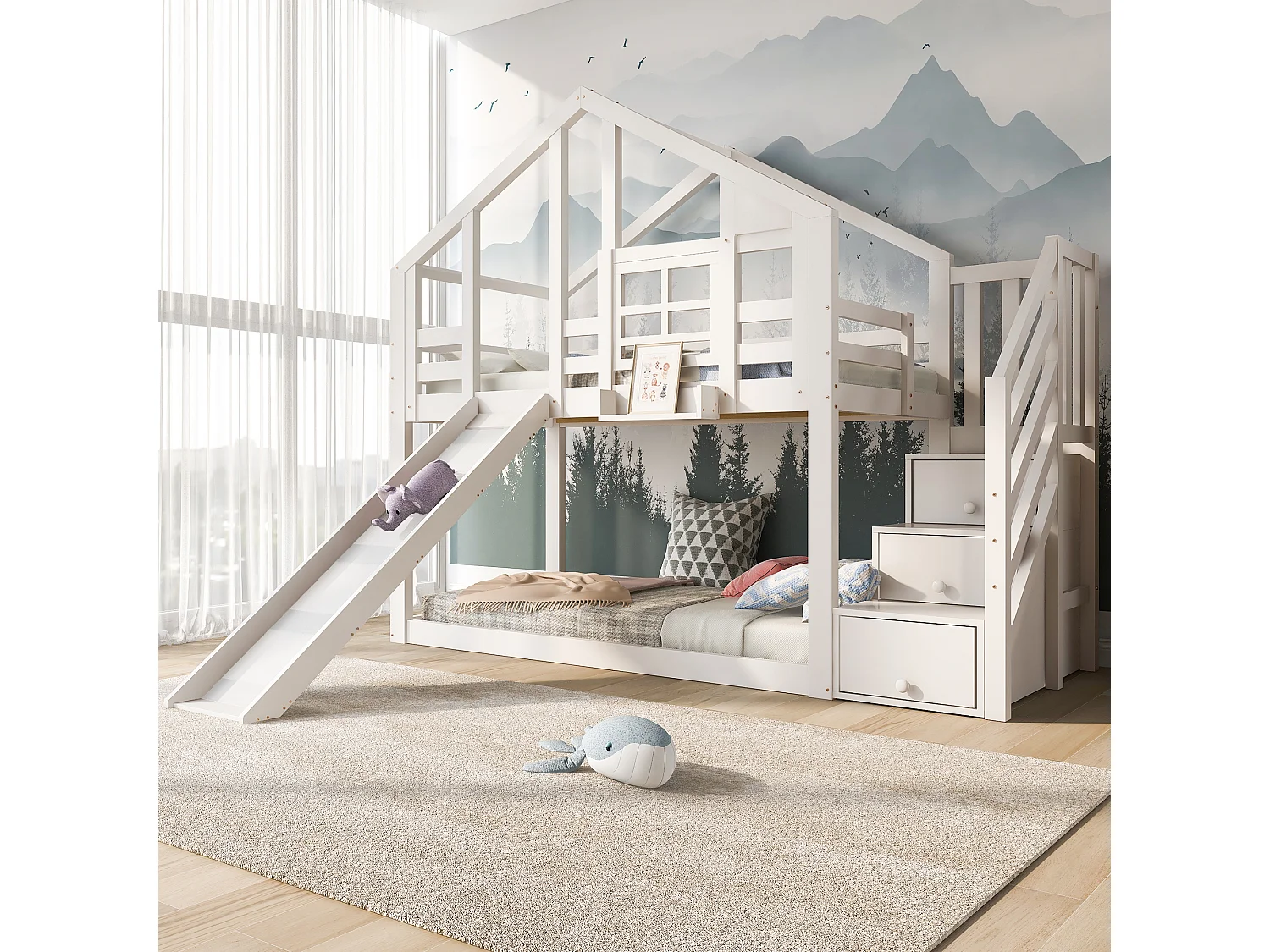 Etagenbett 2 x 90 x 200 cm mit 3 Schubladen, Rutsche und Dach – Massivholz + MDF – 2 x Lattenrost – Weiß (ohne Matratze)