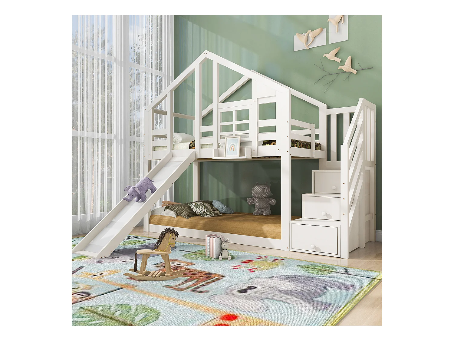 Lits superposés 2 x 90 x 200 cm avec 3 tiroirs, toboggan et toit - Bois massif + MDF - 2 x sommier à lattes - Blanc (sans matelas)