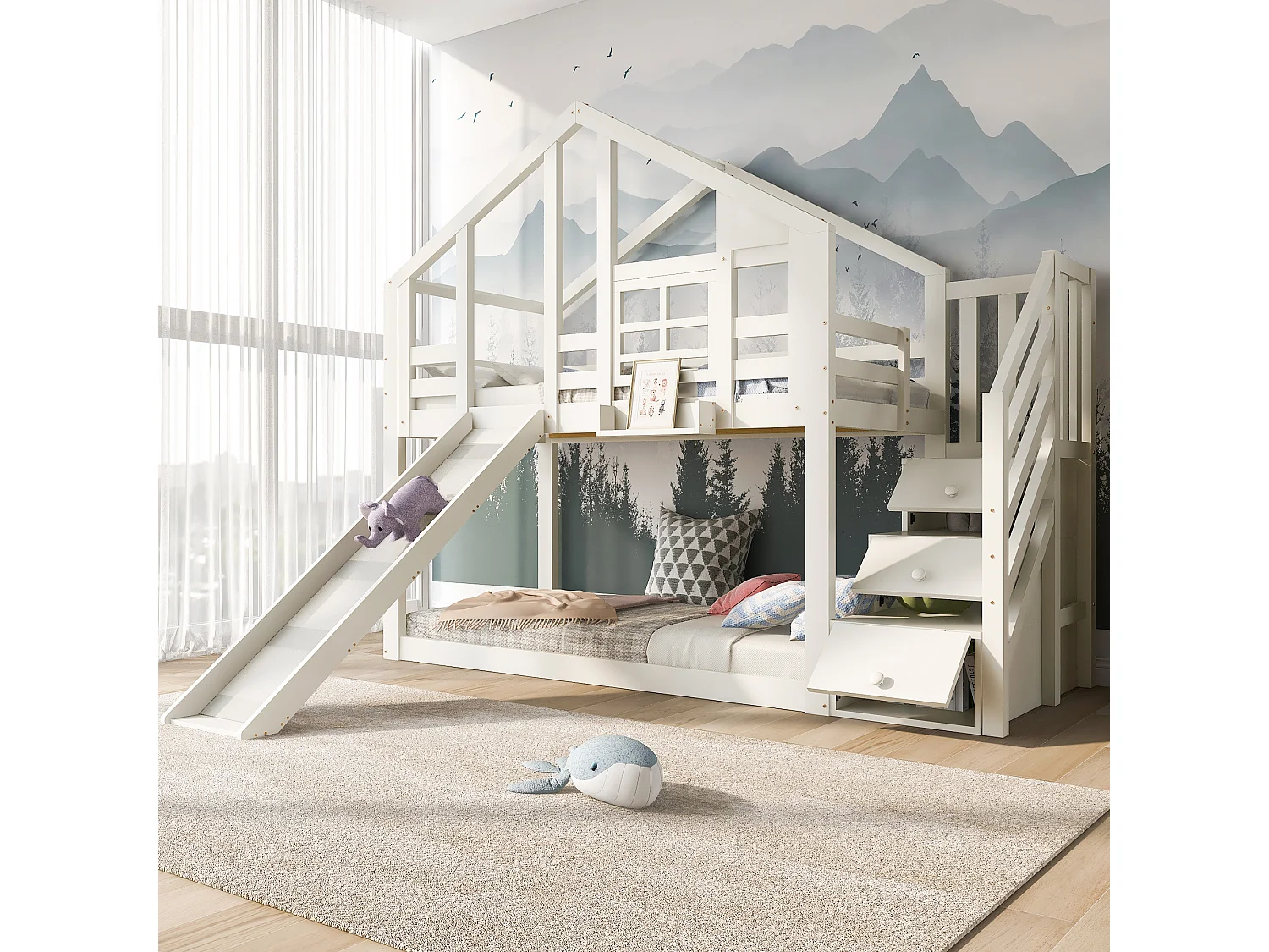 Lits superposés 2 x 90 x 200 cm avec 3 tiroirs, toboggan et toit - Bois massif + MDF - 2 x sommier à lattes - Blanc (sans matelas)