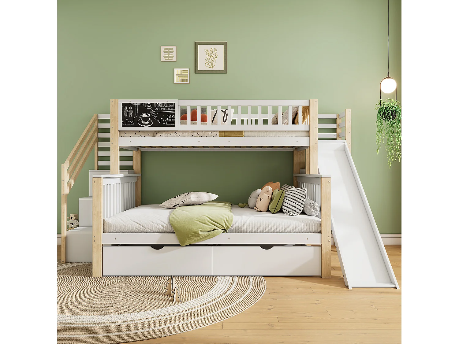 Stapelbedden 140 x 200 cm + 90 x 200 cm - 2 laden, glijbaan, opbergplanken - Massief hout - Wit (zonder matras)