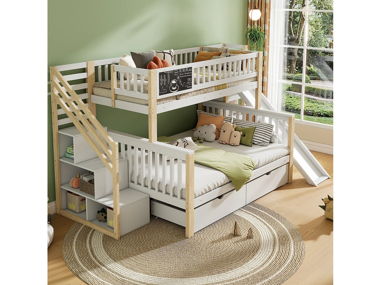 Stapelbedden 140 x 200 cm + 90 x 200 cm - 2 laden, glijbaan, opbergplanken - Massief hout - Wit (zonder matras)