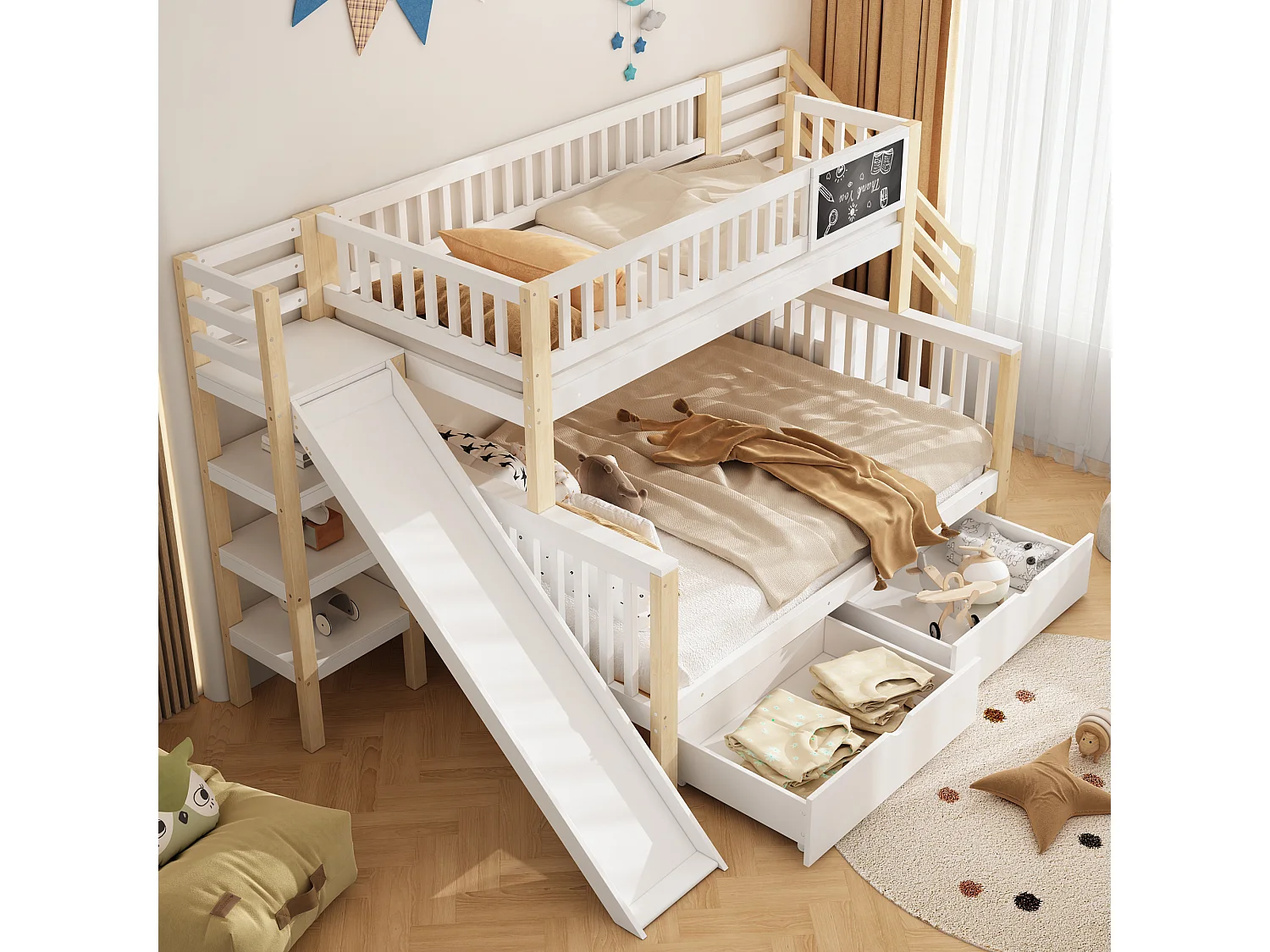 Stapelbedden 140 x 200 cm + 90 x 200 cm - 2 laden, glijbaan, opbergplanken - Massief hout - Wit (zonder matras)