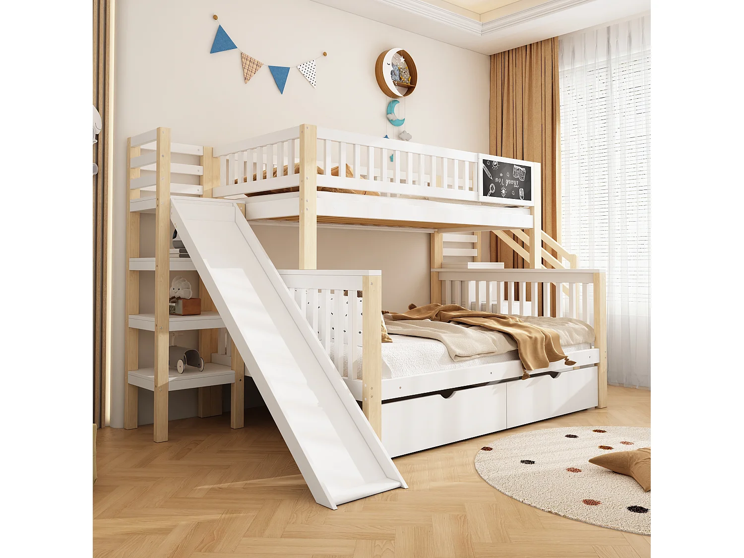 Stapelbedden 140 x 200 cm + 90 x 200 cm - 2 laden, glijbaan, opbergplanken - Massief hout - Wit (zonder matras)